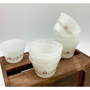 Vintage Milk Glass‎ Custard Bowls, Set of 8 Brown Daisy Dessert Dishes (M5-16)